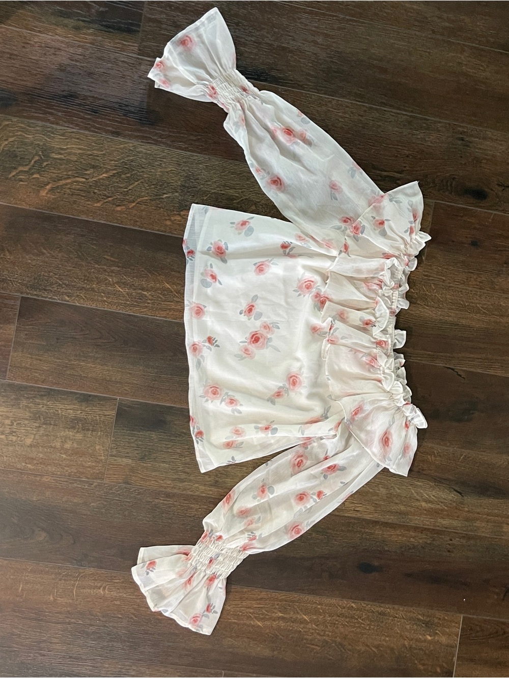 Floral Off-Shoulder Peasant Top - White with Pink Roses